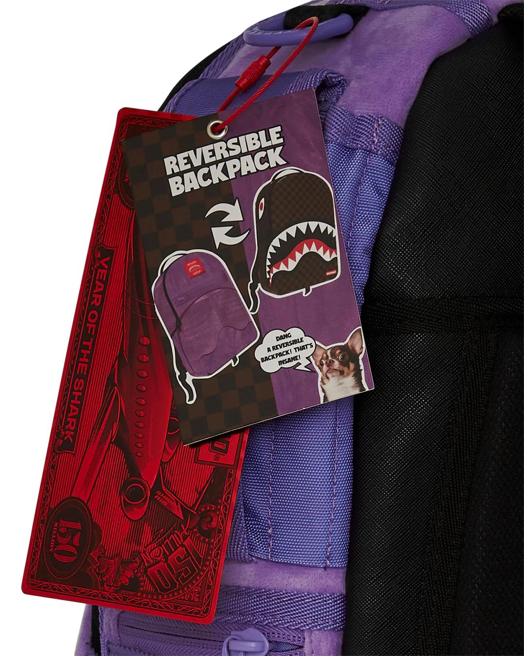 Sprayground NOOO WAY!!! A REVERSIBLE BACKPACK - PURPLE VELOUR TO OG SHARKS IN PARI