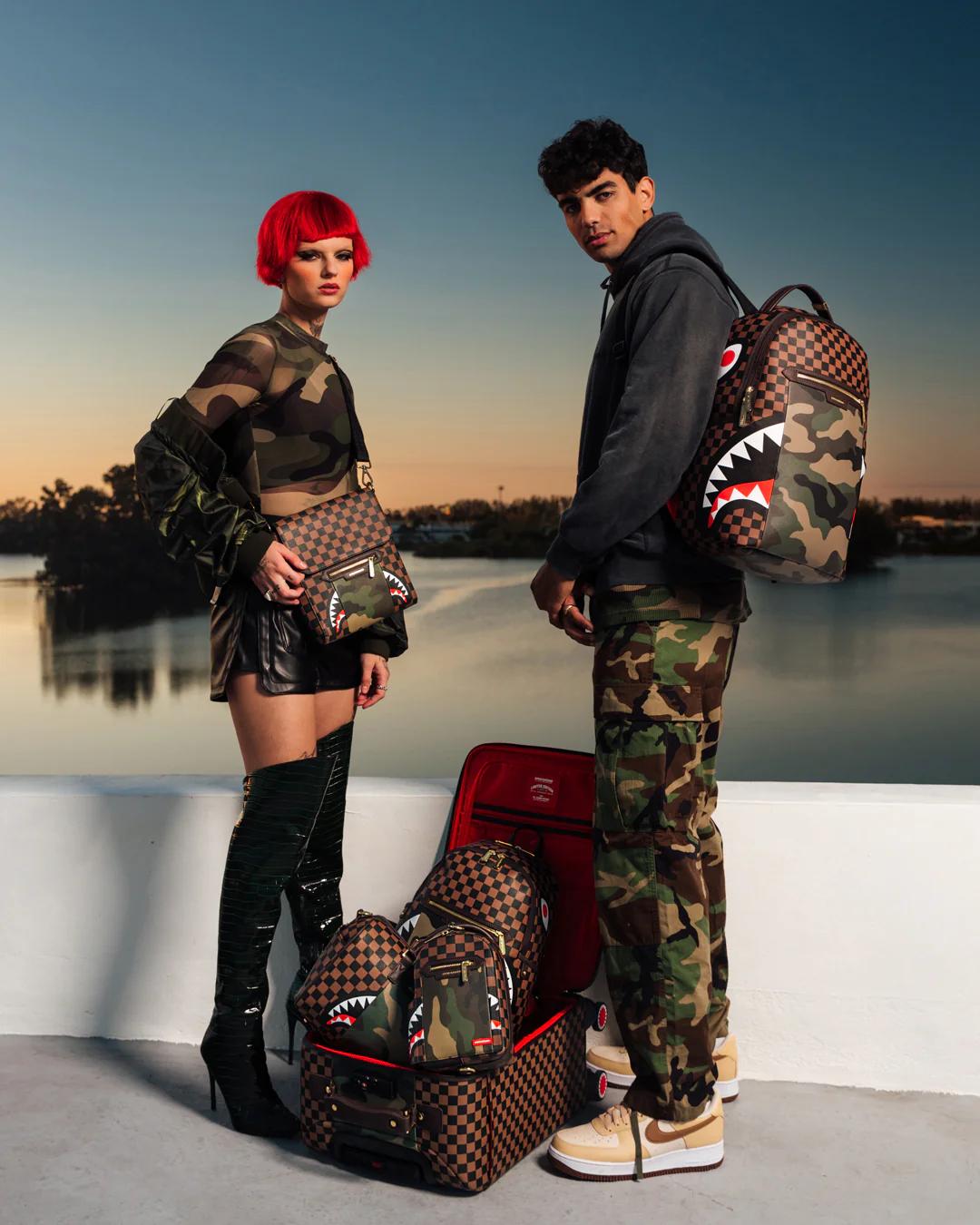 Sprayground EXTERIOR GOLD ZIP POCKET SHARKS IN PARIS JETSETTER CARRY-ON LUGGAGE