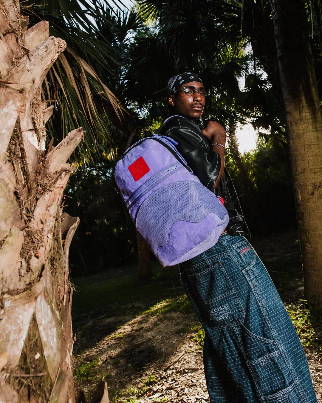 Sprayground NOOO WAY!!! A REVERSIBLE BACKPACK - PURPLE VELOUR TO OG SHARKS IN PARI